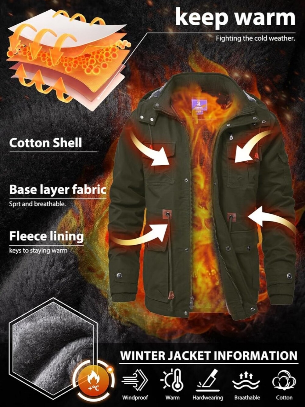 Winter Jackets for Men Cotton Work Fleece Lined Army Jacket Winter Military XXL - Picture 4 of 6